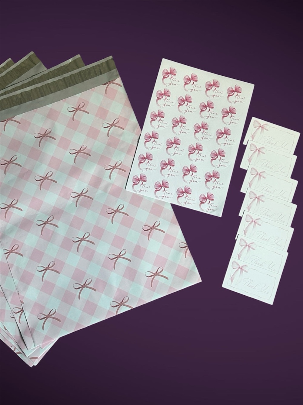 Lg Poly Mailers Pink Gingham & Bows with coordinating Thank you Cards & Stickers